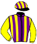 PURPLE AND YELLOW STRIPES, YELLOW SLEEVES, STRIPED CAP